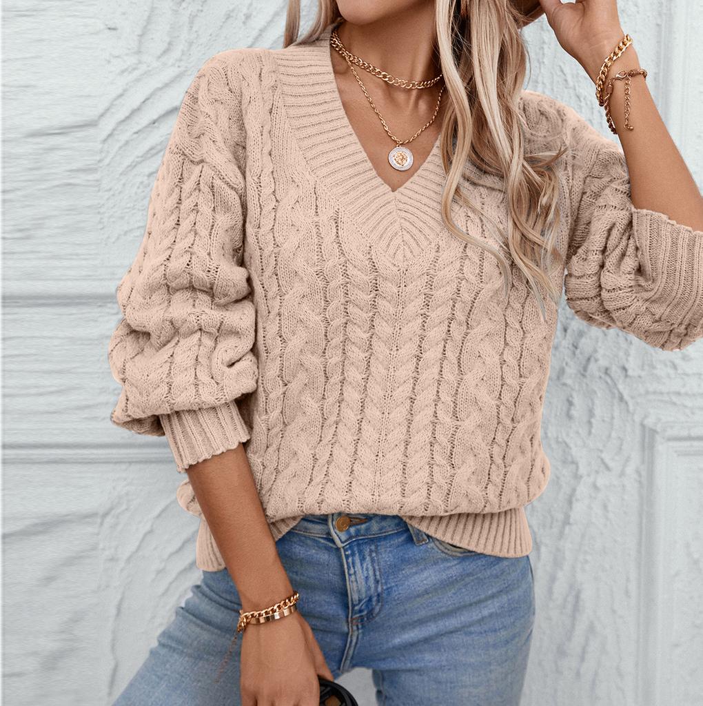 Women's Fashion Casual Loose Solid Color Pullover Retro Cable V-Neck Long Sleeve Knit Sweater
