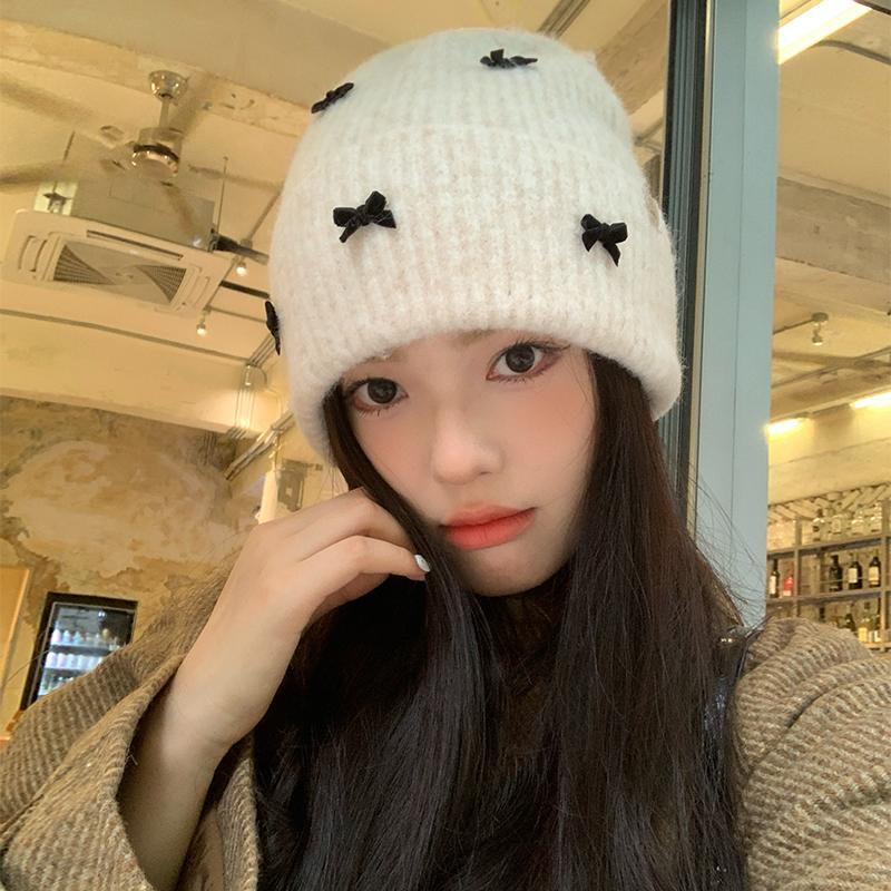 Милая и милая вязаная шерстяная шапка с бантом, детская осенне-зимняя универсальная маленькая утолщенная теплая холодная шапка