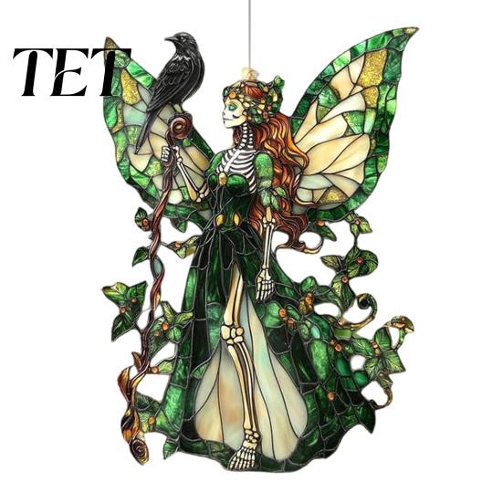 Tabletop Acrylic Decor Stained Glass Style Skeleton Fairy Window Hanging Suncatcher, Decorative Ornament with Butterfly Wings Home Interior