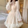 Summer A-line Ruffles Mesh Dress Women Korean Sweet Apricot Women Mini Dress Square Collar Long Puff Sleeve Princess Dresses 28498