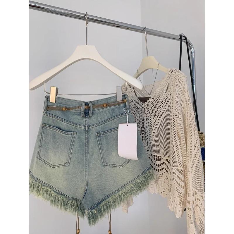 Tassel Fringed Denim Shorts for Women High Waist Thin Wide Leg A-line Half Pants Solid Color Sexy Style Ladies' Clothing