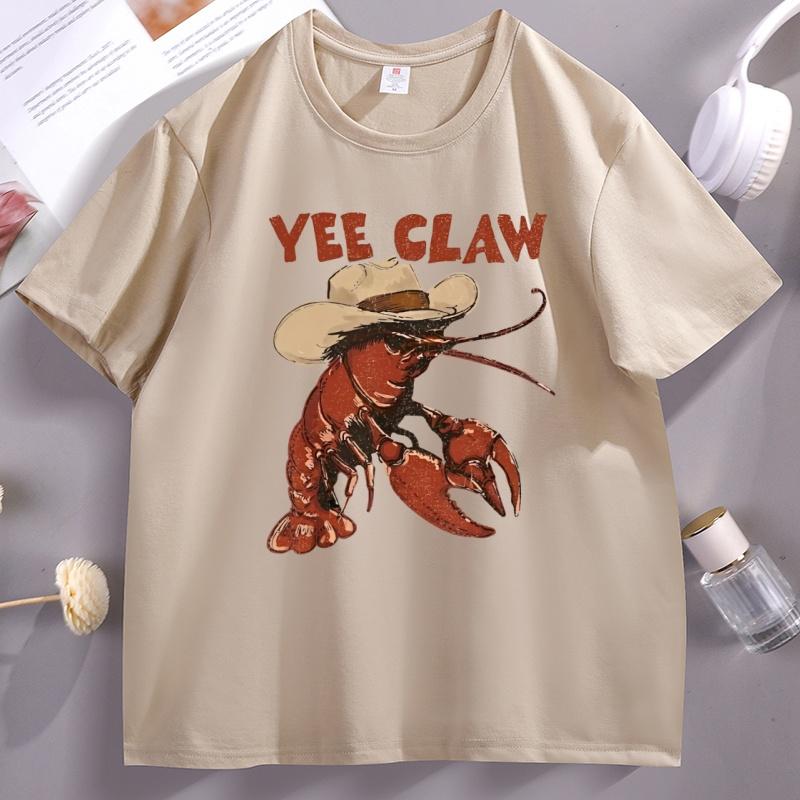 Lobster Cowboy TShirt Trendy Yee Claw Tee Funny Lobster Tshirt Western Beach Top Unisex Women Funny Printed Tshirts Tops
