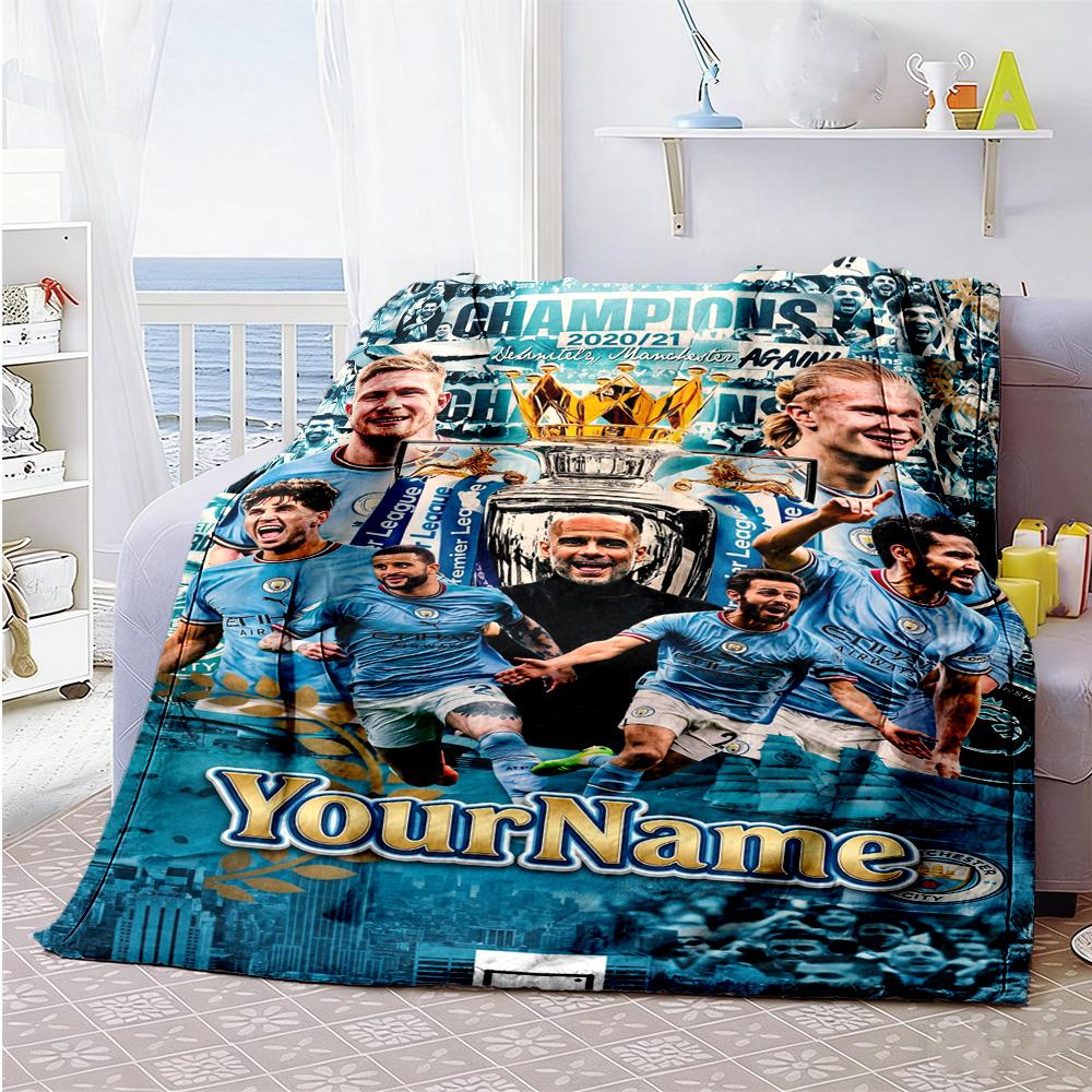 Manchester City Customize Text Blanket Lightweight Personalized Blanket Durable Comfort Suitable for Bed Couch Livingroom Home Decor