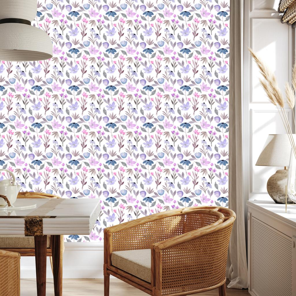 Purple Flowers Wallpaper White and Light Gray for Living Room and Bedroom 50x1000