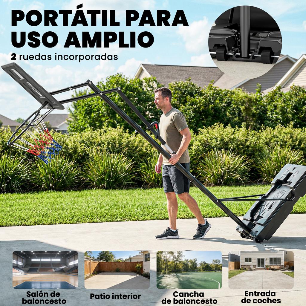 Outdoor Basketball Hoop with Wheels Adjustable Height 235-305 cm Fillable Base and Weight Bag Black
