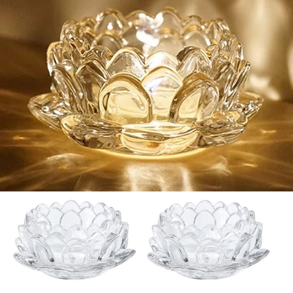 2Pcs Elegant Chinese Glass Lotus Candle Holder Creative Simple Candles Stand Home Decor