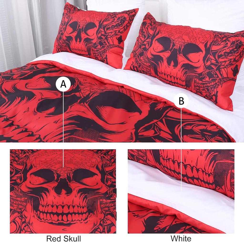 Красный Череп Пододеяльник Готический 3D Тату Принт Комплект Постельного Белья 3шт Хэллоуин Микрофибра Покрывало на Молнии Завязки + 2 наволочки