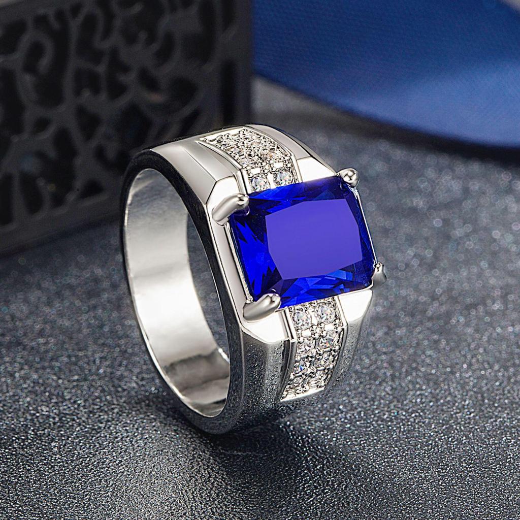 Men's Sapphire Blue Zircon Ring: Stylish Rectangular Fashion Trend