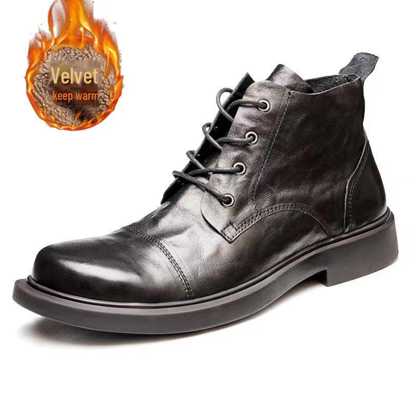 Men's Spring Leather Round-Toe Boots, Comfortable Wear-Resistant High-Top Shoes, Versatile British-Style Large-Size Mid-Top Martin Boots.