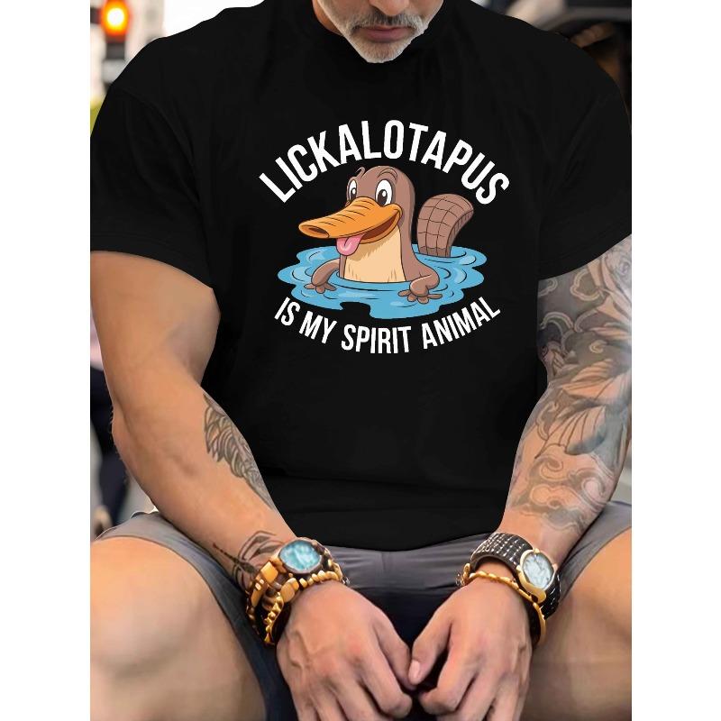 Европейские размеры LICKALOTAPUS "Мое животное-дух" Мужская футболка - Иконический логотип и слоган Lickalotapus, Свободный крой, Мятая ткань,