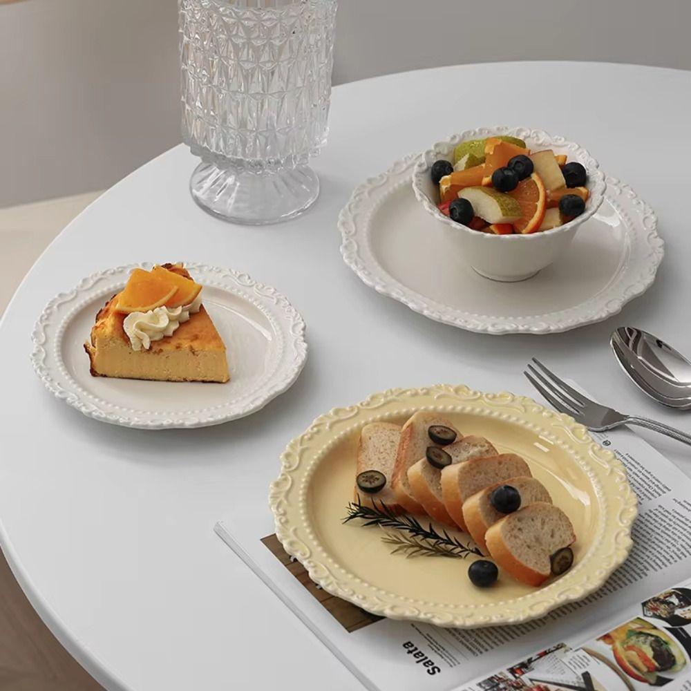 White/Yellow Color Ceramic Dessert Plate Round Shape Western Dining Tableware  Casual Occasions
