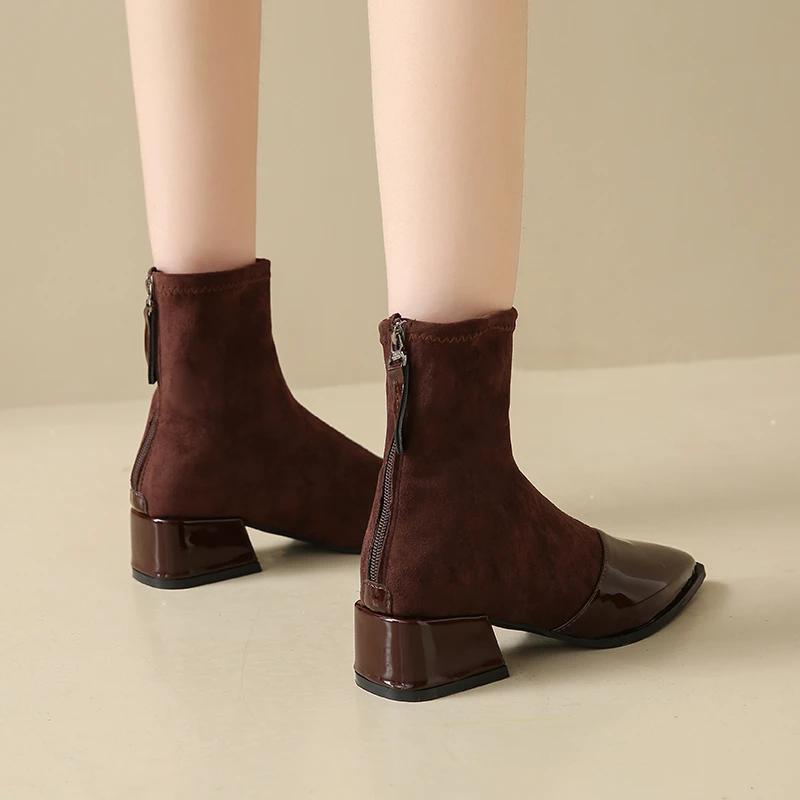 2024 Высококачественная женская обувь Ботильоны женские элегантные современные ботинки женские швейные с острым носком средний каблук сзади молния обувь женская