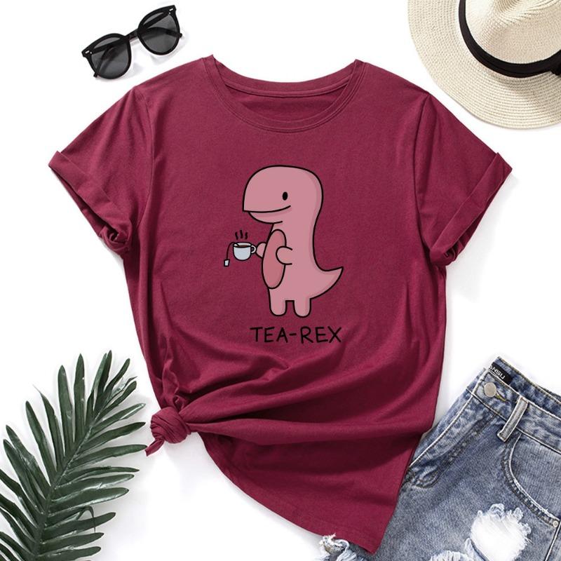 Summer Women's Pink Printed Dinosaur Pure Cotton Loose Round Neck Short Sleeved T-Shirts Women’s