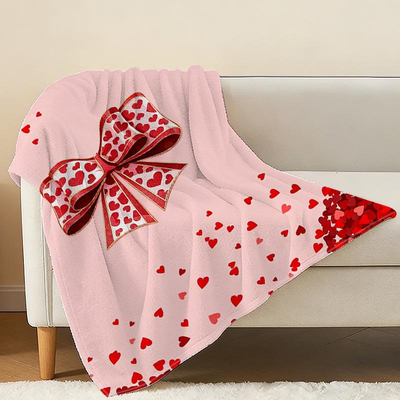 Flannel Throw Blanket Anti-Pilling, Warm & Soft, Heart & Bow Design, All-Season, Ideal for Home Use & Valentine's Gifts