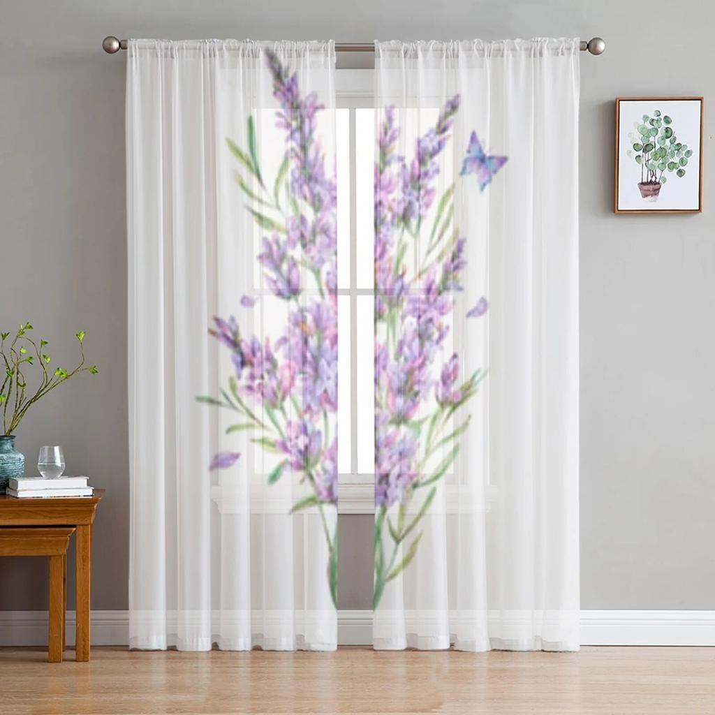 Акварельные цветы лаванды, прозрачные шторы для гостиной, спальни, кухни, тюлевые занавески, декоративные прозрачные панели для дома