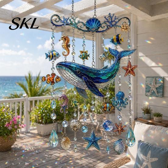 Crystal Bead Hanging Ornament Ocean Animal Acrylic Window Hanging, Stained Glass Style Sea Turtle Whale Dolphin Suncatcher Waterproof Wind Chime with