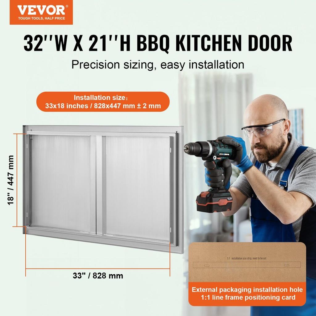 BBQ Access Door, 914x534 mm Double Outdoor Kitchen Door, Stainless Steel Flush Mount Door, Wall Vertical Door with Recessed Handles , for BBQ Island,