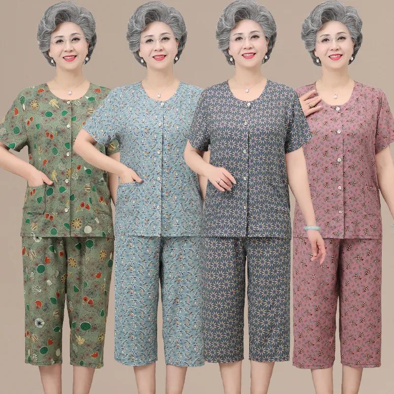 Женские пижамы, топы с короткими рукавами и цветочным принтом, брюки-капри, комплекты одежды для сна