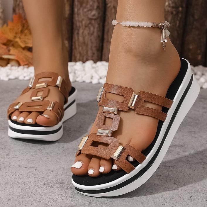 Металлические сандалии для лета, Новые пляжные с открытым носком, на толстой подошве, женские