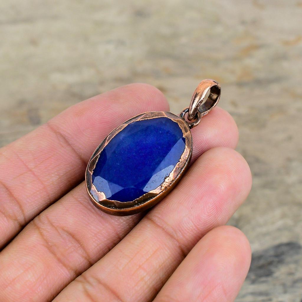 Граненый кулон из синего сапфира, кулон из электроформованной меди, украшения из натуральных драгоценных камней, кулон ручной работы, красивые медные украшения, подарки для нее