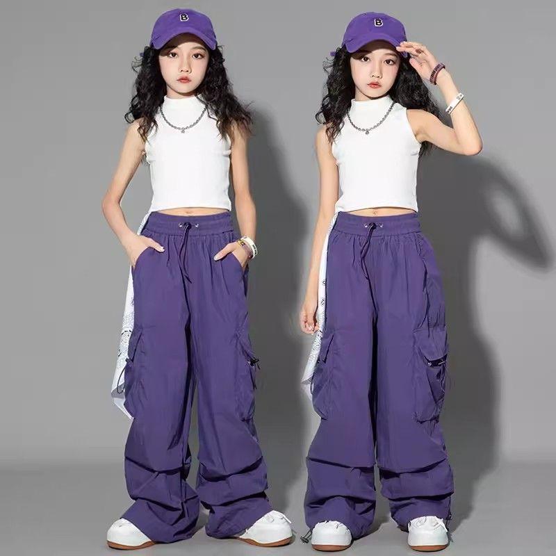 Kids Hip Hop Joggers Pants Girls Cargo Pants Straight Trousers High Waist Vintage Casual Streetwear Baggy Pants