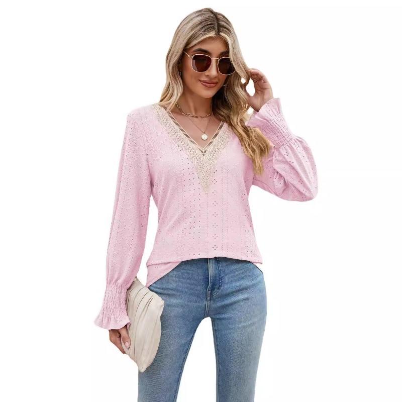 Spring and Autumn Women's T-shirt Tops Jacquard Chiffon Shirt Lace Stitching Long Sleeve Loose V-neck Blouse for Women