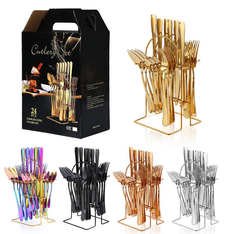 Stainless Steel Tableware 24 Pieces Suit Western Food Four Main Pieces Knife, Fork and Spoon with Storage Rack Gift Set Suit