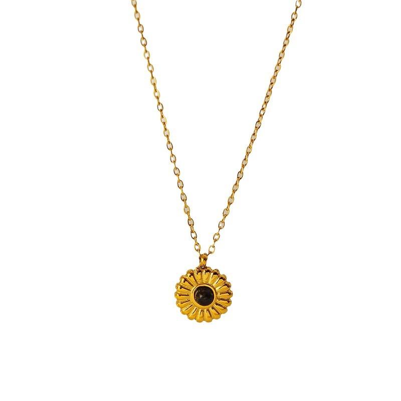 French Vintage Sunflower Pendant Necklace Women Minimalist Gold Chain Natural Stone Collarbone Jewelry