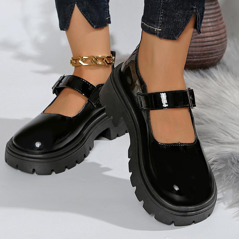 Модные лаковые туфли Мэри Джейн на толстой подошве Женские 2025 Платформа с ремешком на щиколотке Женские туфли-лодочки с круглым носком и высоким каблуком Лолита Женские