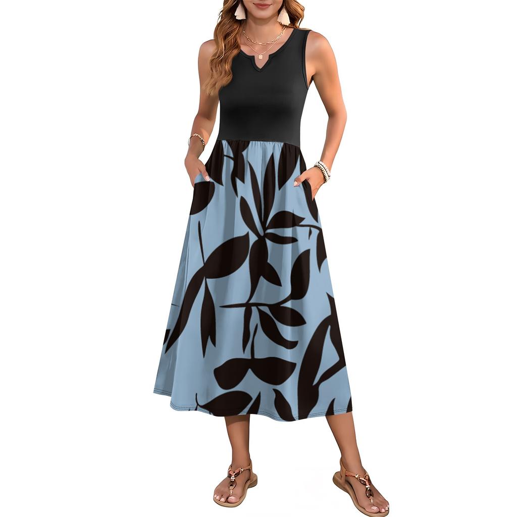 Женское платье без рукавов с цветочным принтом и высокой талией, модное и элегантное