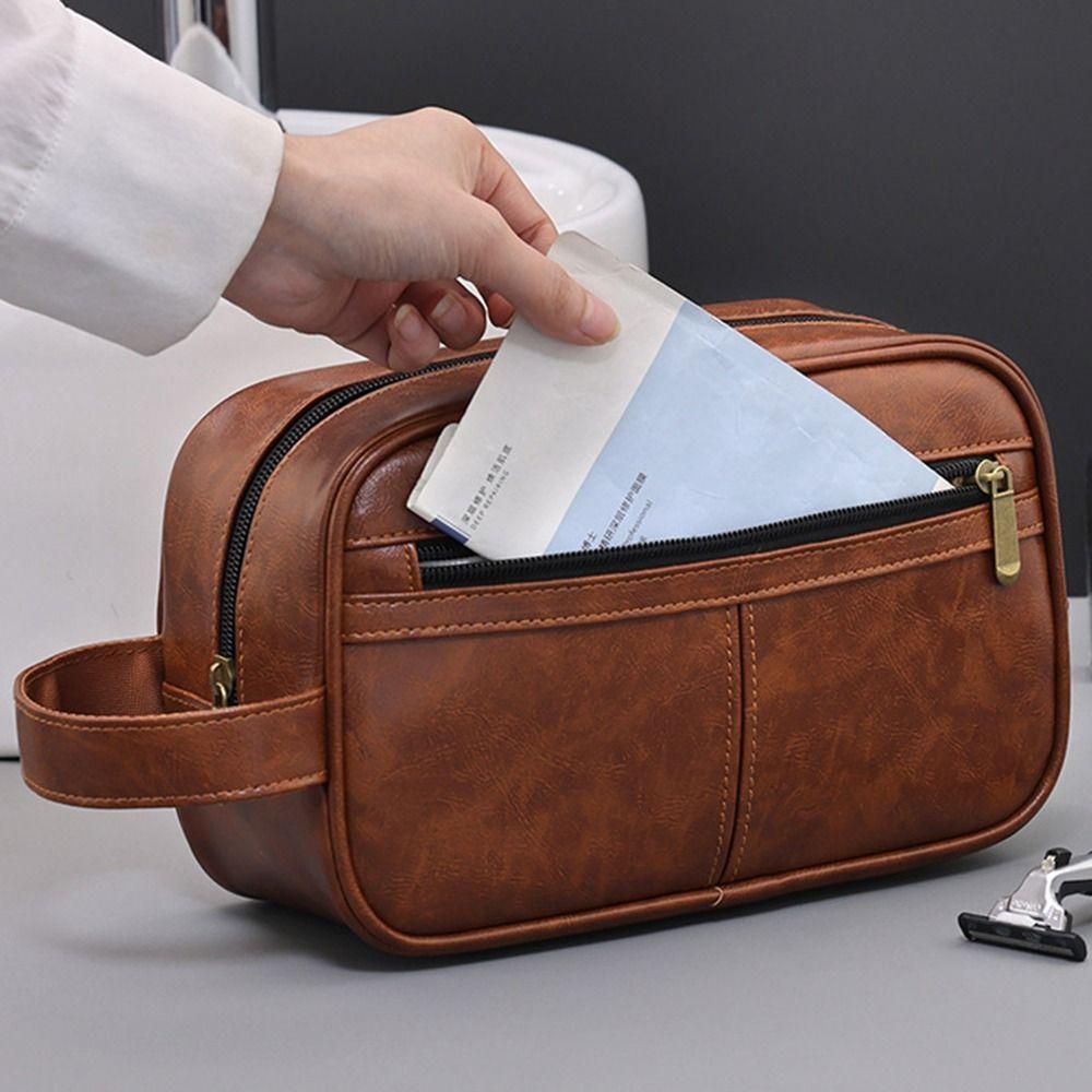 Multi Pocket Cosmetic Storage Bag Retro Travel Toiletry Bag Men Leather Wash Bag  Business Trips