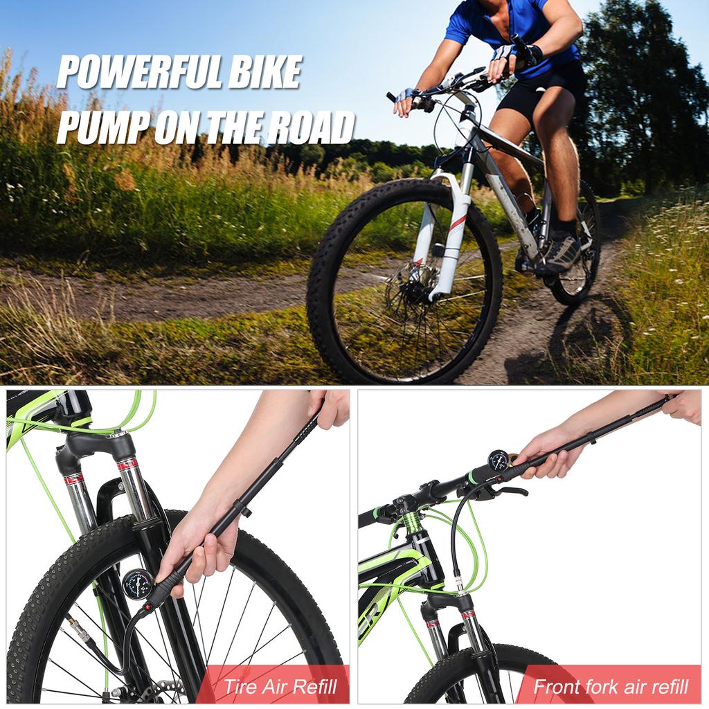 Shock Pump High Pressure 300 PSI Air Pump Presta Schrader Valve Mountain Road Bike Pump with Gauge