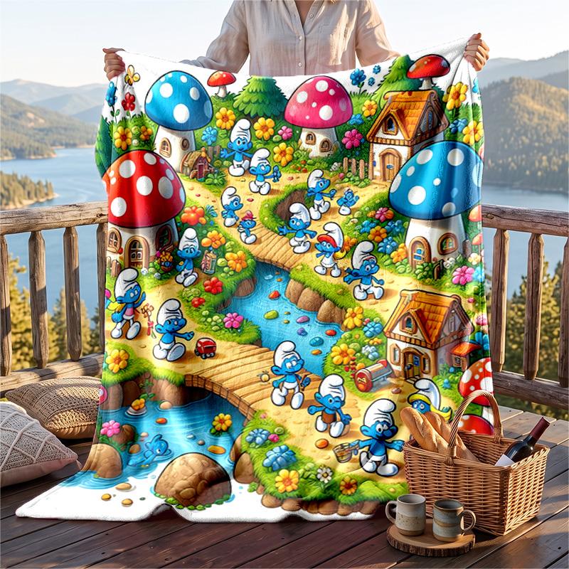 Warm Flannel Blanket Smurfs cute Pattern, Lightweight Comfortable Throw Blanket for Bed Sofa Use