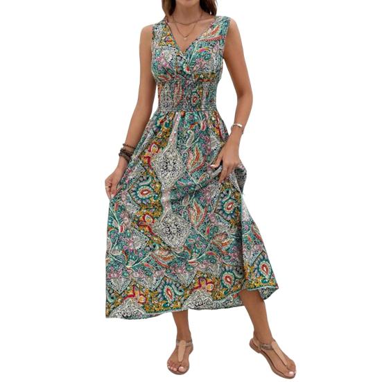 Женское богемное платье с V-образным вырезом без рукавов с открытыми плечами Узкая талия Плюс Размер Красочный принт Узкая эластичная талия Длина до середины икры Летнее пляжное платье миди
