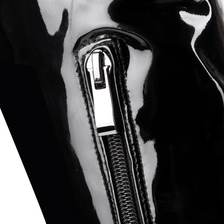 Сексуальные женские сапоги на очень высоком каблуке выше колена из лакированной кожи с красной молнией на платформе, длинные сапоги