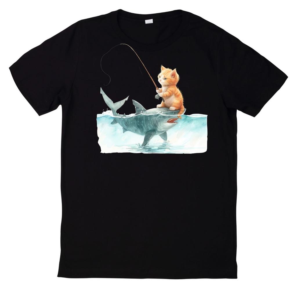 T-Shirt Niedliches Katzenfischen auf HaiWird in neuem Fenster oder Tab geöffnet