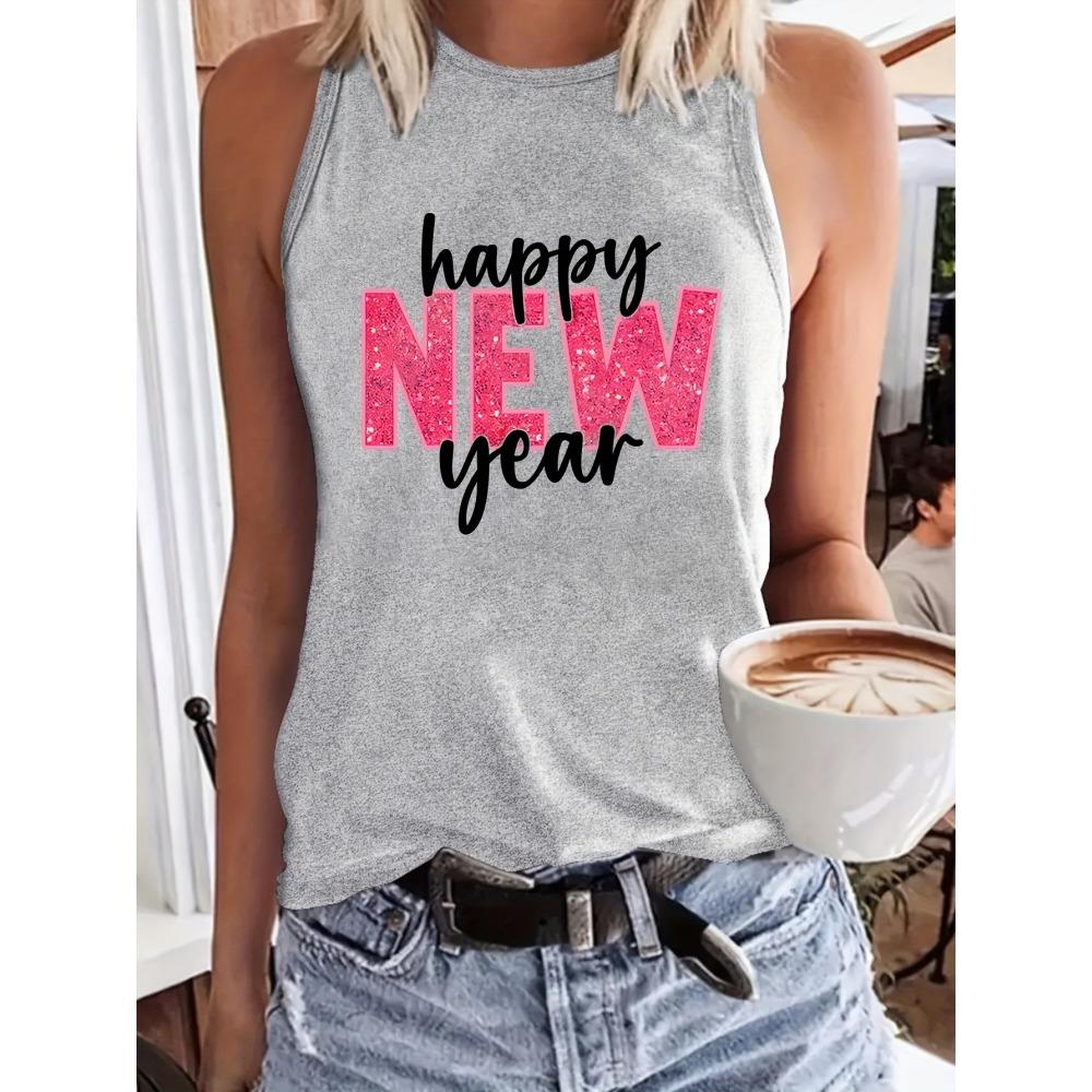 Женская майка с надписью «Happy New Year Alphabet Printed», летняя повседневная женская футболка без рукавов, стильная женская майка для вечеринок