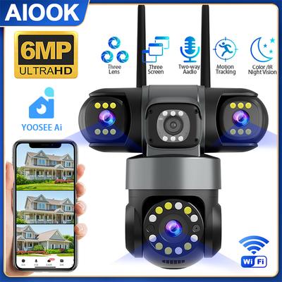 AIOOK Камера с тремя объективами WiFi HD 6MP IP CCTV Двусторонняя связь Обнаружение PIR Слежение Уличная водонепроницаемая умная камера V380 PRO