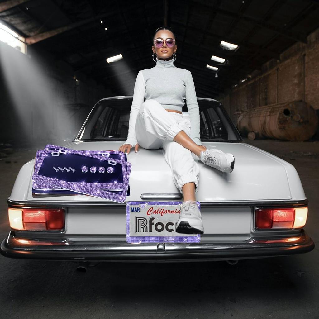 2 шт. Рамки для номерных знаков для женщин, Блестящие стразы, Алмазные автомобильные аксессуары с блестящими хрустальными колпачками (фиолетовый (2PCS))