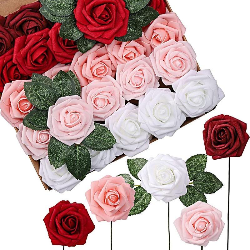 25 шт. искусственных цветов, свадебные букеты, настоящие, выглядящие как пенопластовые поддельные розы со стеблями для самостоятельного изготовления центральных цветочных композиций для вечеринок, столов, домашнего декора