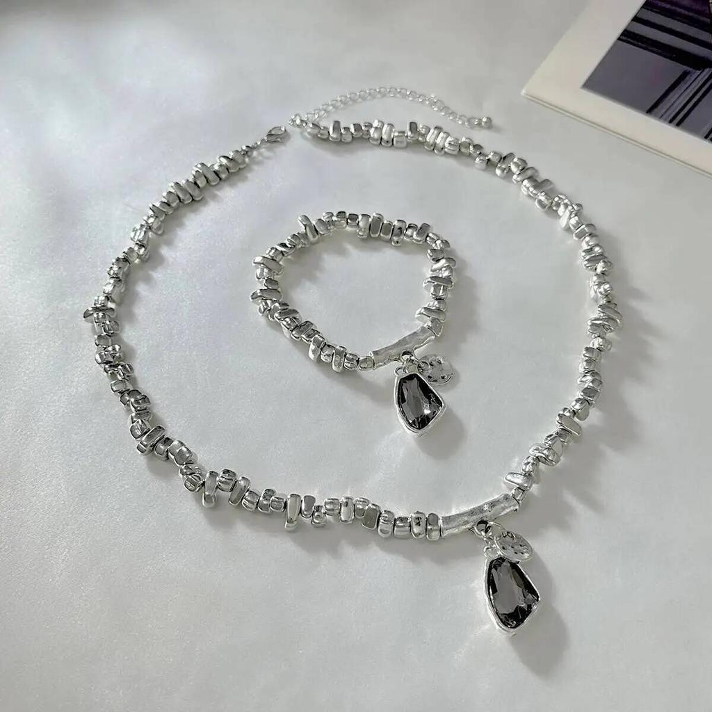 SHIXIN Elegant Sparkling Rhinestone Pendant Necklace Bracelet Jewelry Set for Women Minimalist Irregular CCB Bead Chain Choker