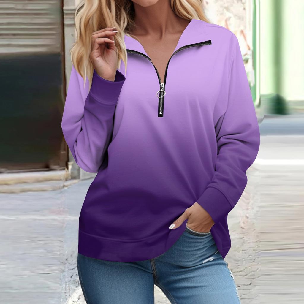 Рубашки на молнии с длинным рукавом для женщин Градиентная печать Графические футболки Блузки Повседневные топы Пуловер