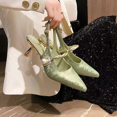 Новые национальные туфли в китайском стиле 2025 лето новые одинарные туфли женские ретро мятно-зеленые босоножки на высоком каблуке темпераментные с ципао