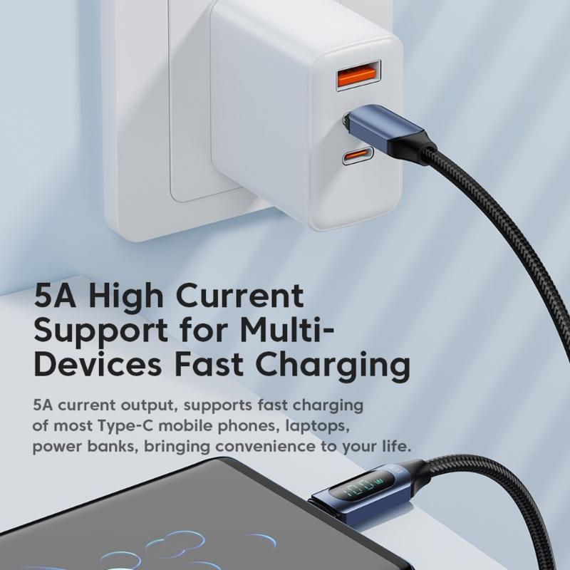 Плетеный USB C кабель для быстрой зарядки с дисплеем питания, Type C шнур PD100 Вт для зарядки ноутбука, планшета и телефона