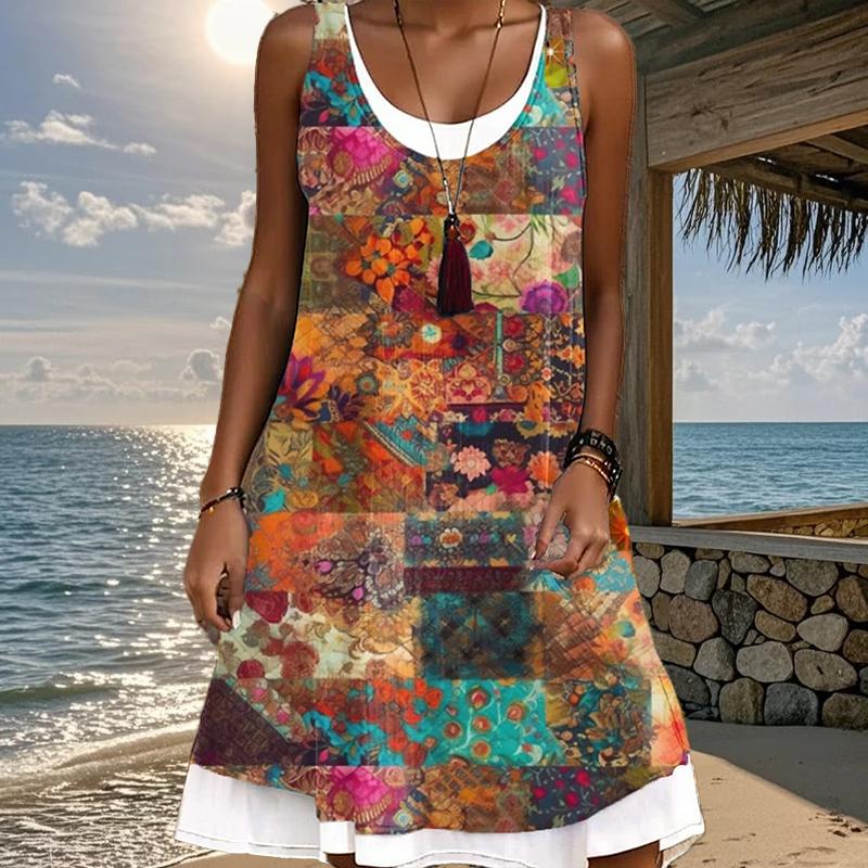 Женское платье из двух частей с имитацией розы в стиле ретро с принтом без рукавов и круглым вырезом, свободное, мягкое и удобное, большого размера