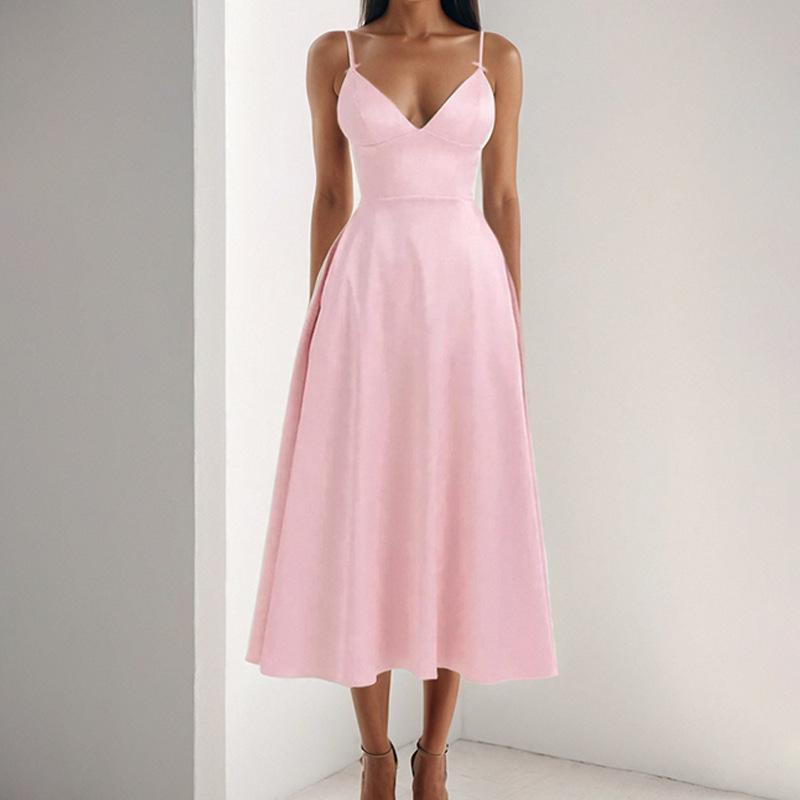 New Arrival Women's Temperament Sexy V-neck High-waist Suspender Skirt Big Pocket Pleated Dress