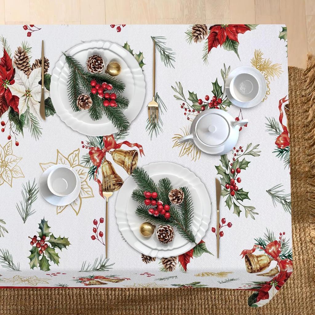 Рождественская Пуансеттия Падуб Ягоды Прямоугольная Скатерть для Декора Стола Рождественский Шар Шишка Печать Скатерть Рождественские Украшения