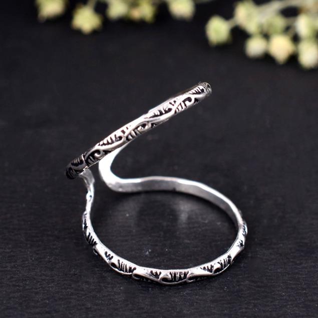 Dainty Scrollwork Double Band Ring | Adjustable Silver Knuckle Ring | Oxidized Pattern Mid-Finger Splint Jewelry | Boho Statement Gift
