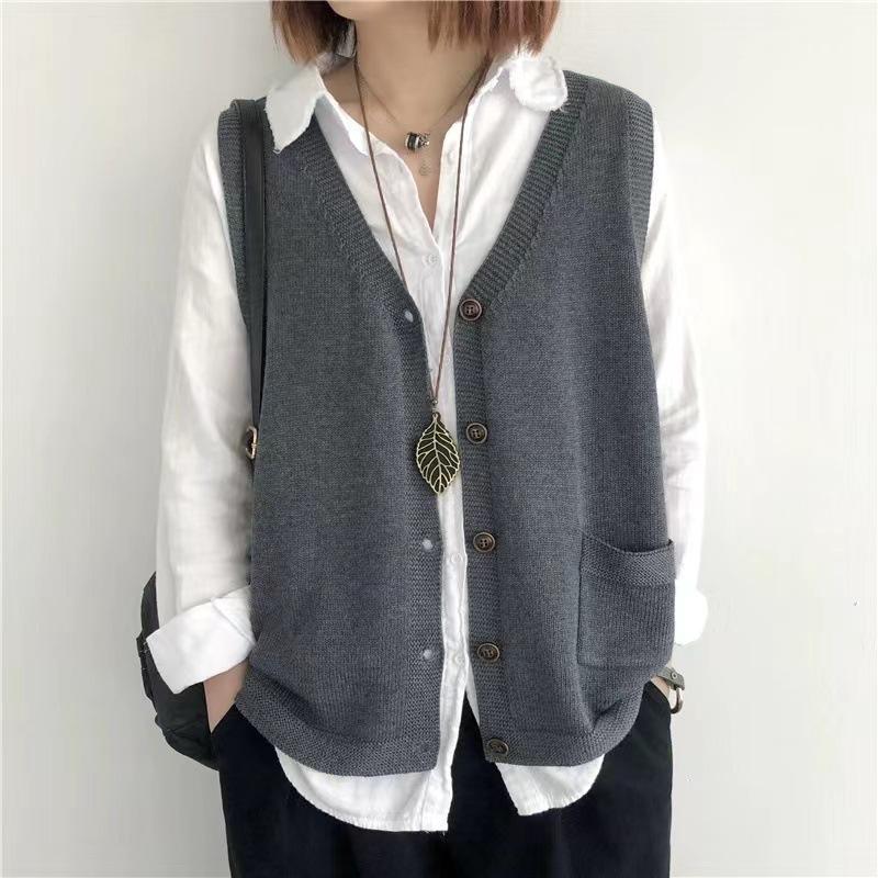 Women Knitting Vest V-Neck Sleeveless Single Breasted Warm Waistcoat Solid Color Loose Fit