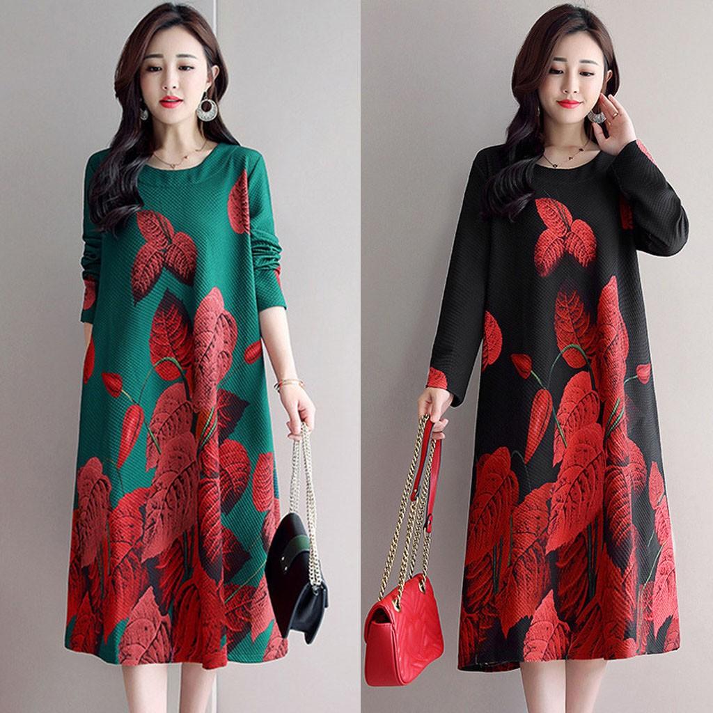 Модное повседневное женское длинное платье с длинным рукавом и принтом, свободное платье